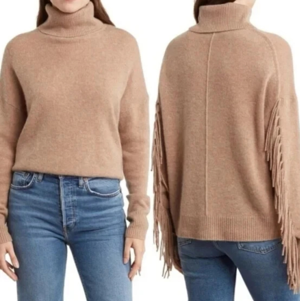 Nwt 360 Cashmere Hudson Fringe Turtleneck Sweater Beige Wool Cashmere